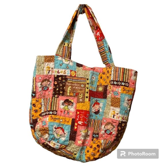 Patchwork Style & Look Fabric Tote Bag 13” X 17” Button Closure Colorful Bright - Picture 2 of 8